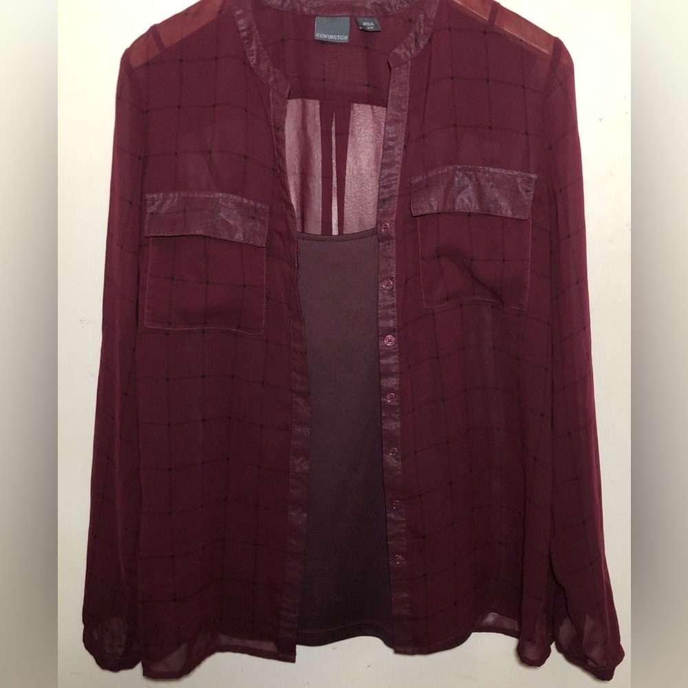 Covington Sheer Blouse & Camisole Burgundy Windowpane from 100% Recycled Bottles